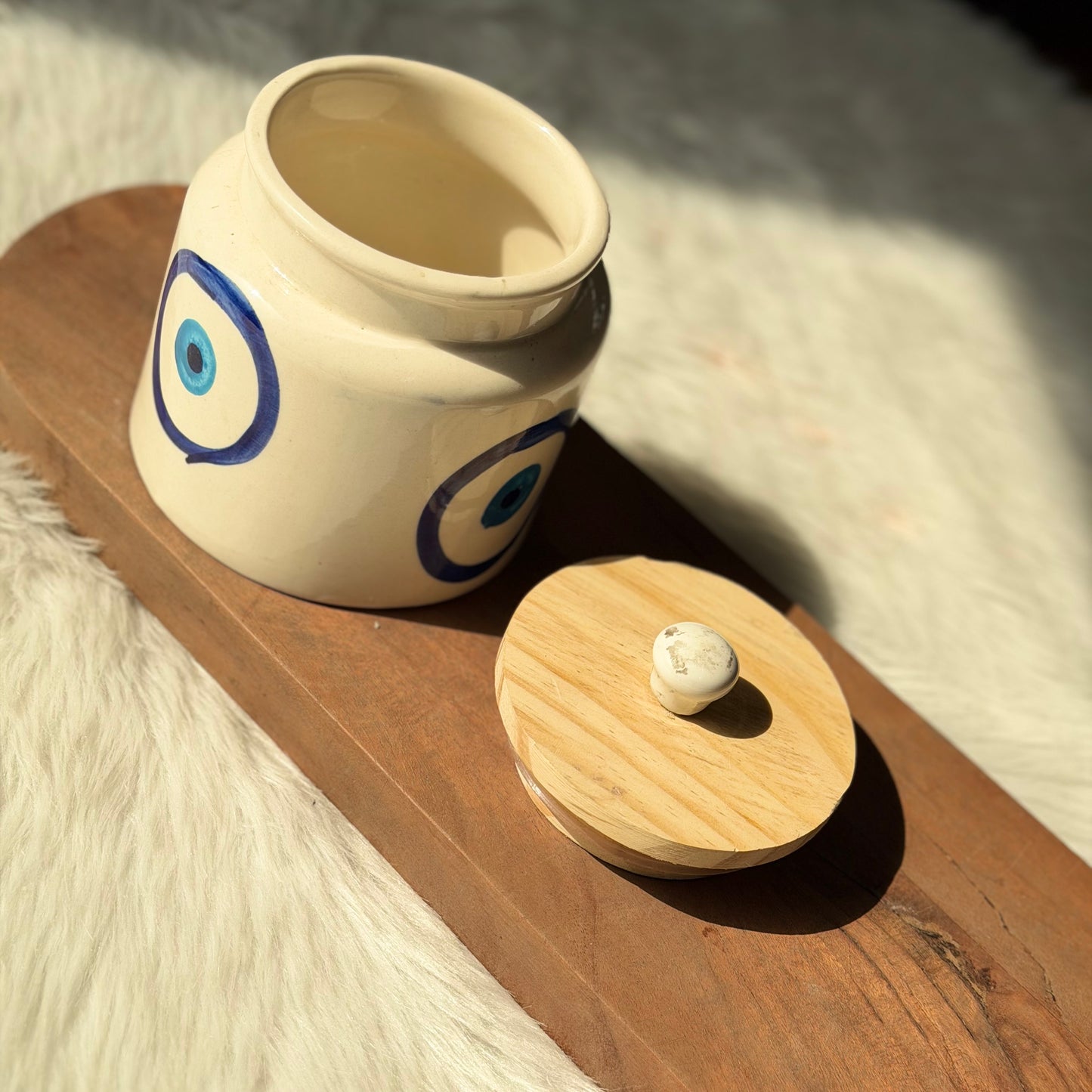 Evil Eye Handpainted Ceramic Storage Jar with Wooden Lid