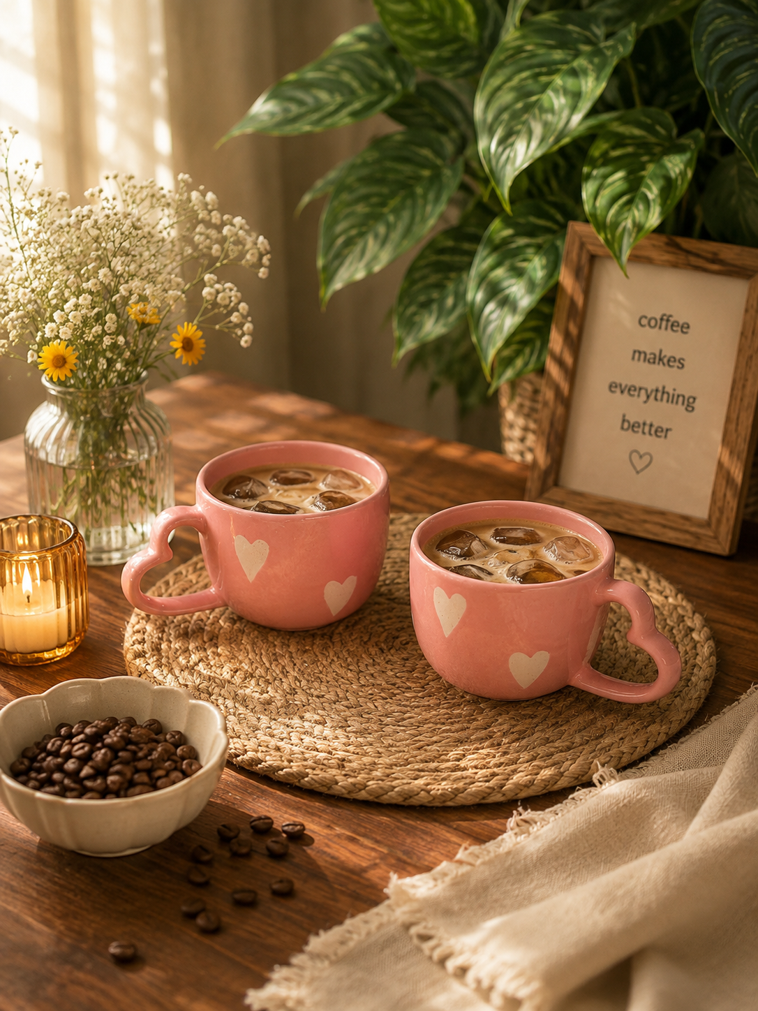 Pink Heart Handle Ceramic Coffee Mug Set of 2
