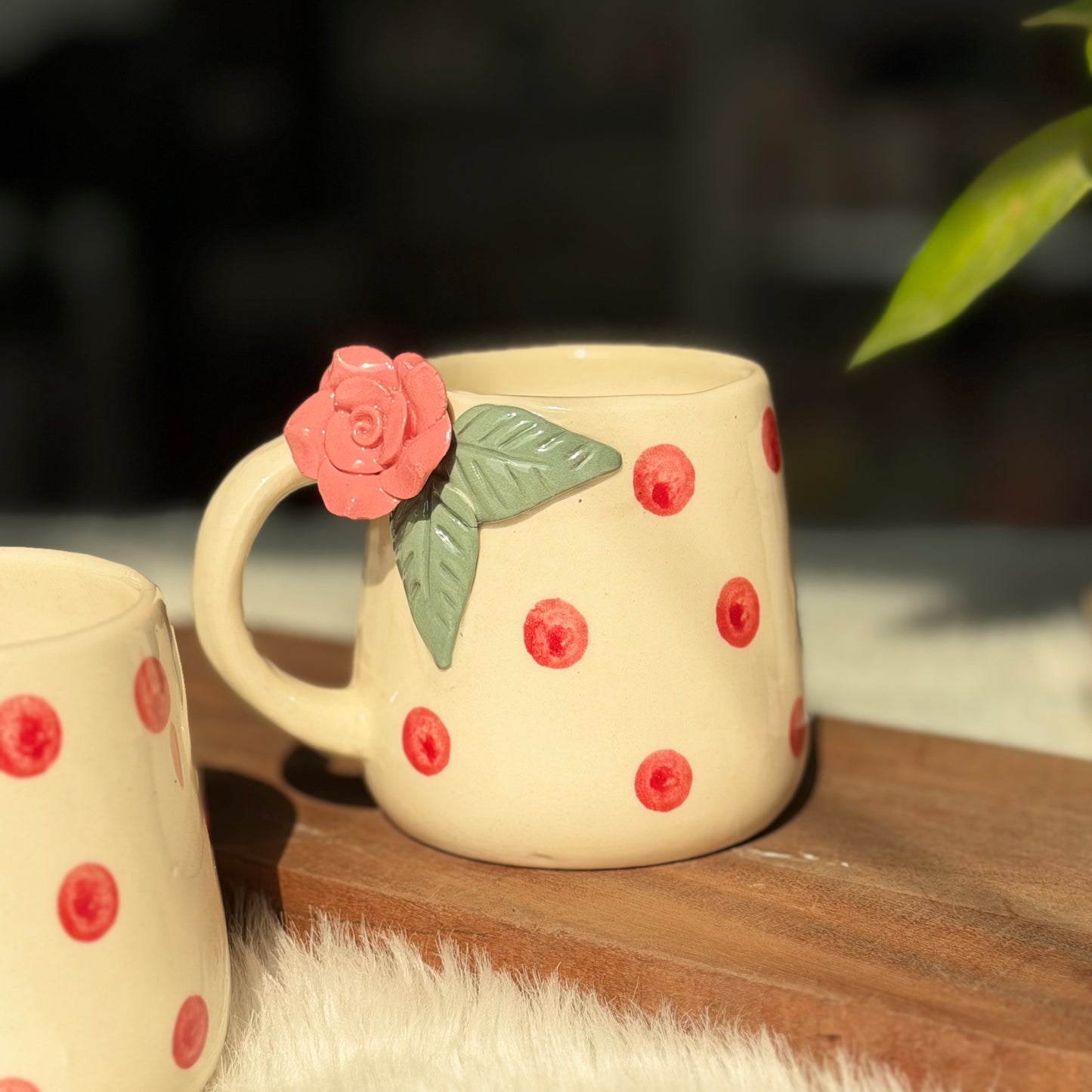 Rosé Bloom Ceramic Mug – Floral Polka Dot Collection