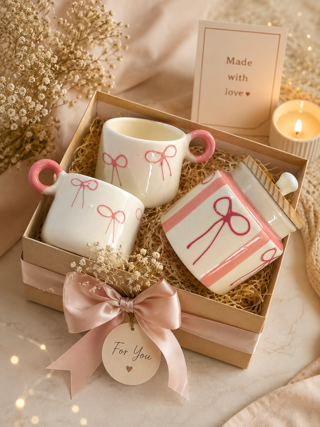 Pink Bow Ceramic Hamper Gift Set – 2 Bow Mugs & Storage Jar