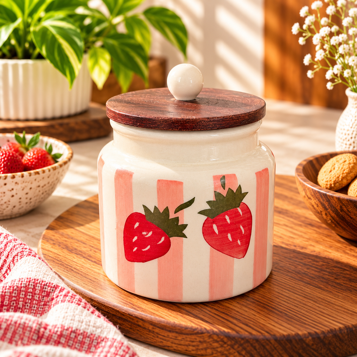 Strawberry Pink Stripes Hand-Painted Ceramic Storage Jar with Wooden Lid