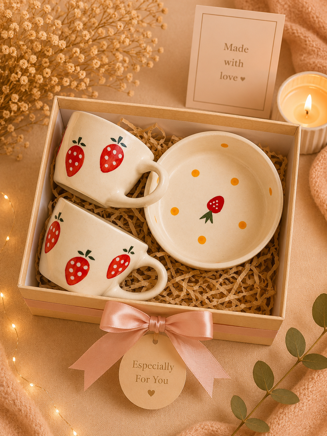 Strawberry Ceramic Mug & Bowl Gift Hamper Set | Premium Gift Box (Set of 3)