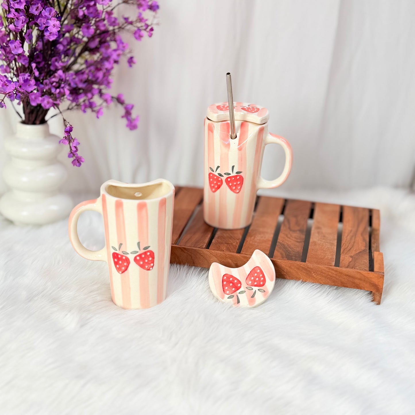 Strawberry Drip Tall Handcrafted Ceramic Sipper Mug with Lid & Straw