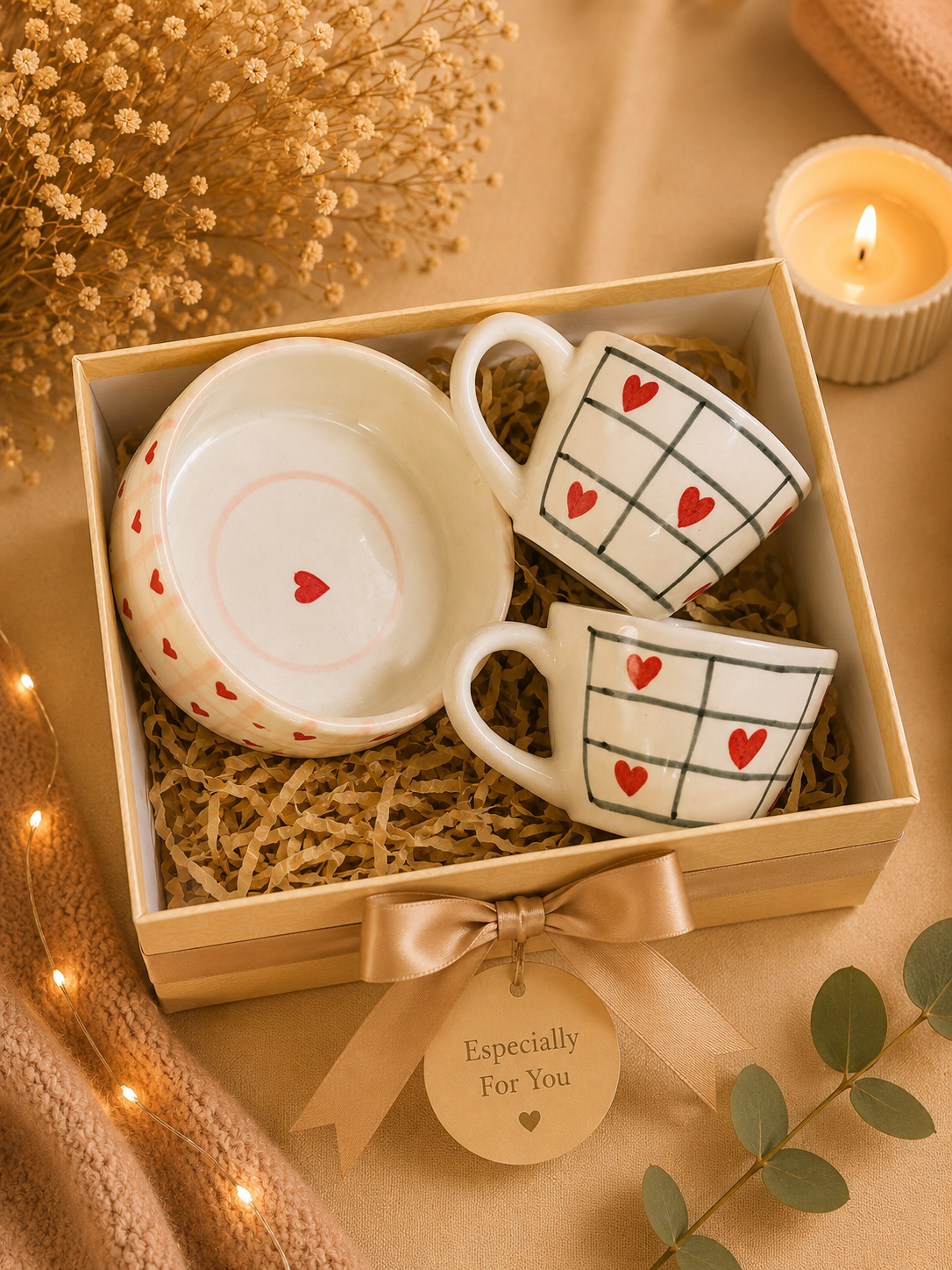 Heart Check Ceramic Espresso Cup & Snack Bowl Gift Set (Set of 3)