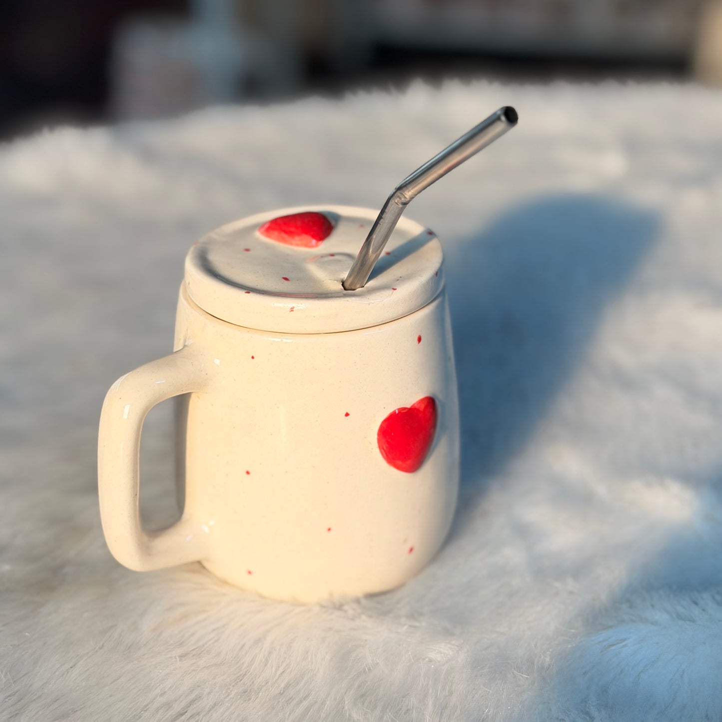 Heart Charm Ceramic Tumbler with Lid & Straw