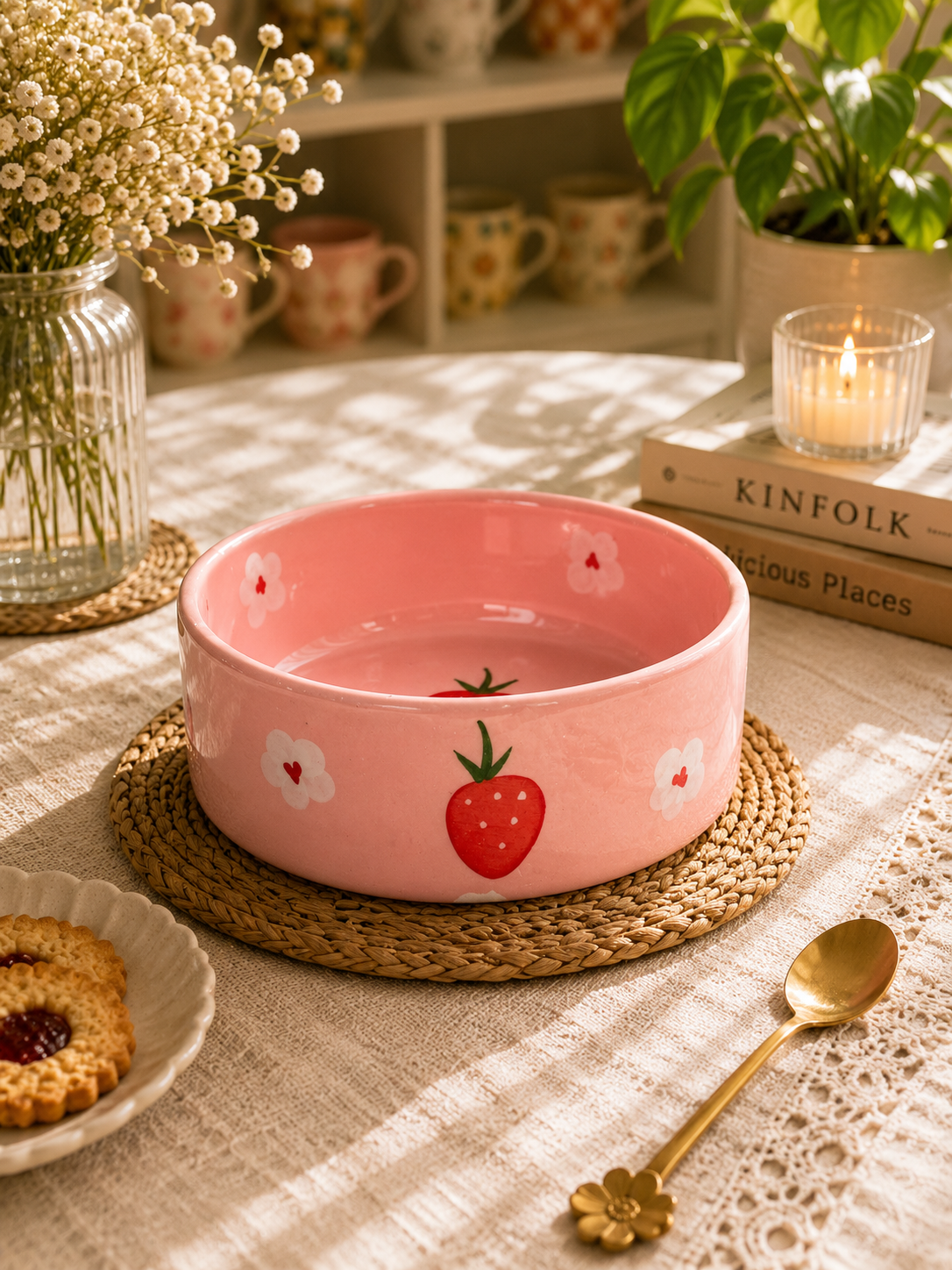 Strawberry Bloom Ceramic Breakfast Bowl – Pink