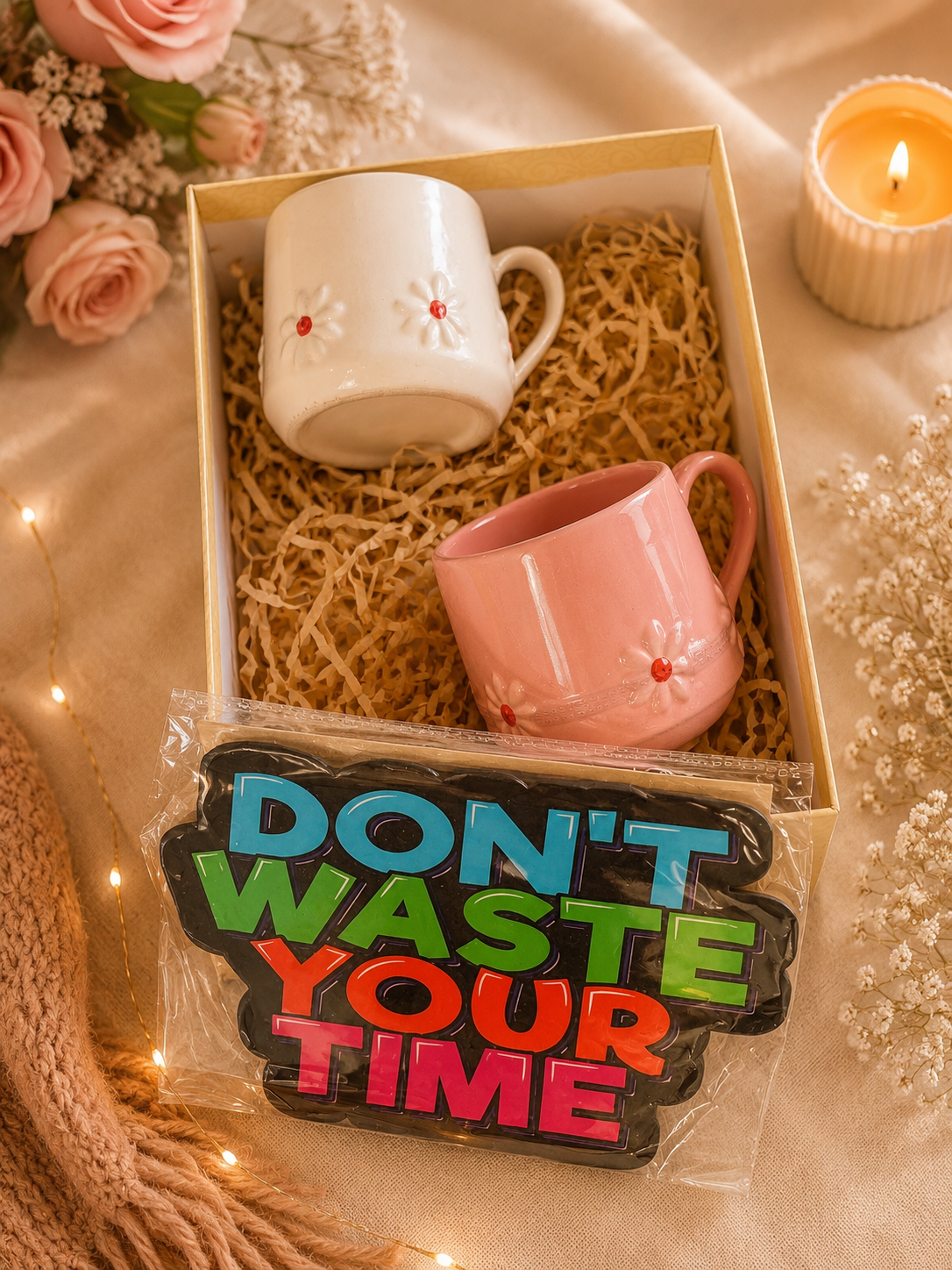 Daisy Ceramic Mug Gift Hamper with Motivational Wall Decor | Set of 2 Coffee Mugs | Rakhi Gift for Brother & Sister