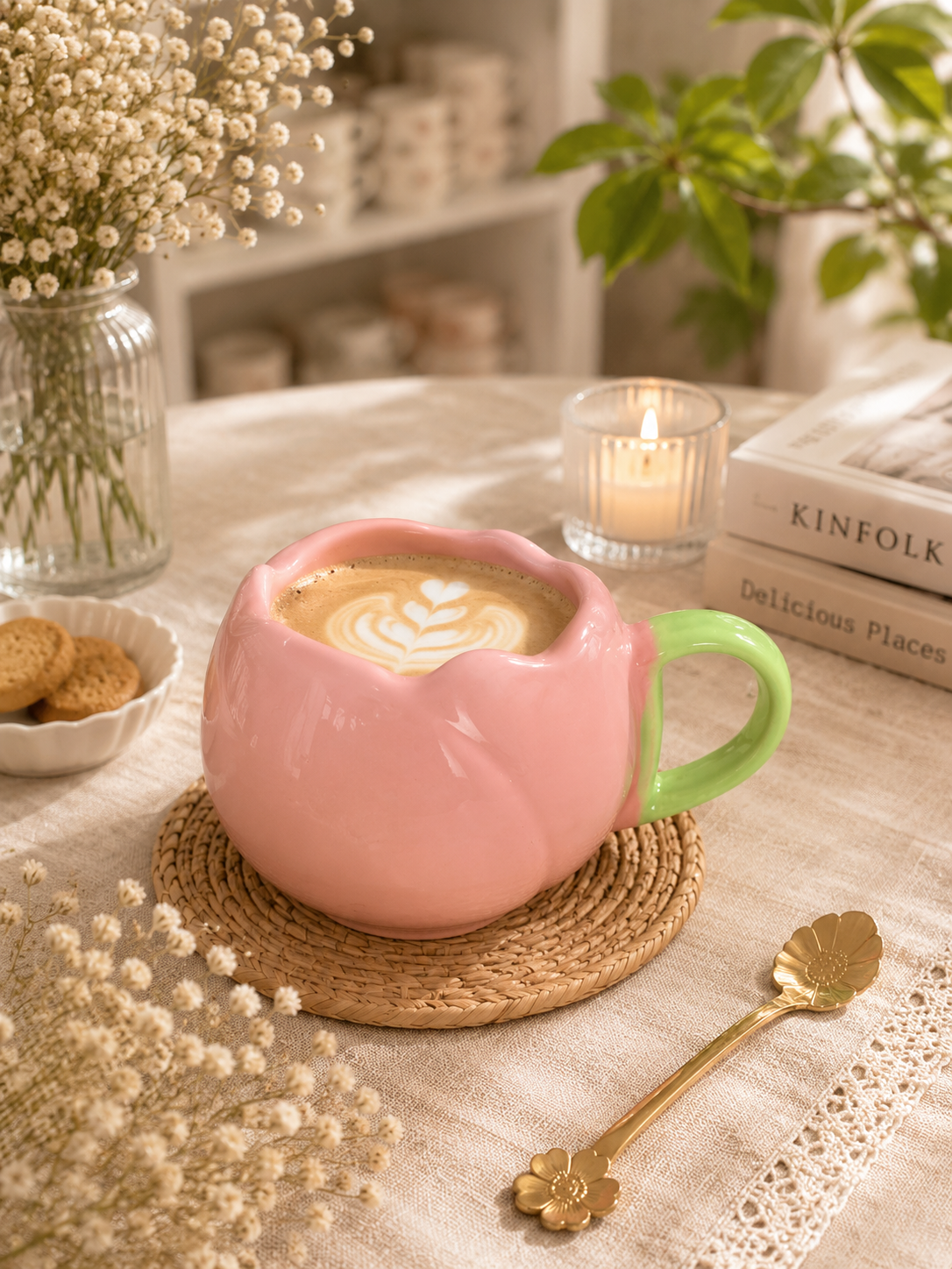Pink Pumpkin Ceramic Mug with Green Handle | Handmade Coffee Mug | 400 ml