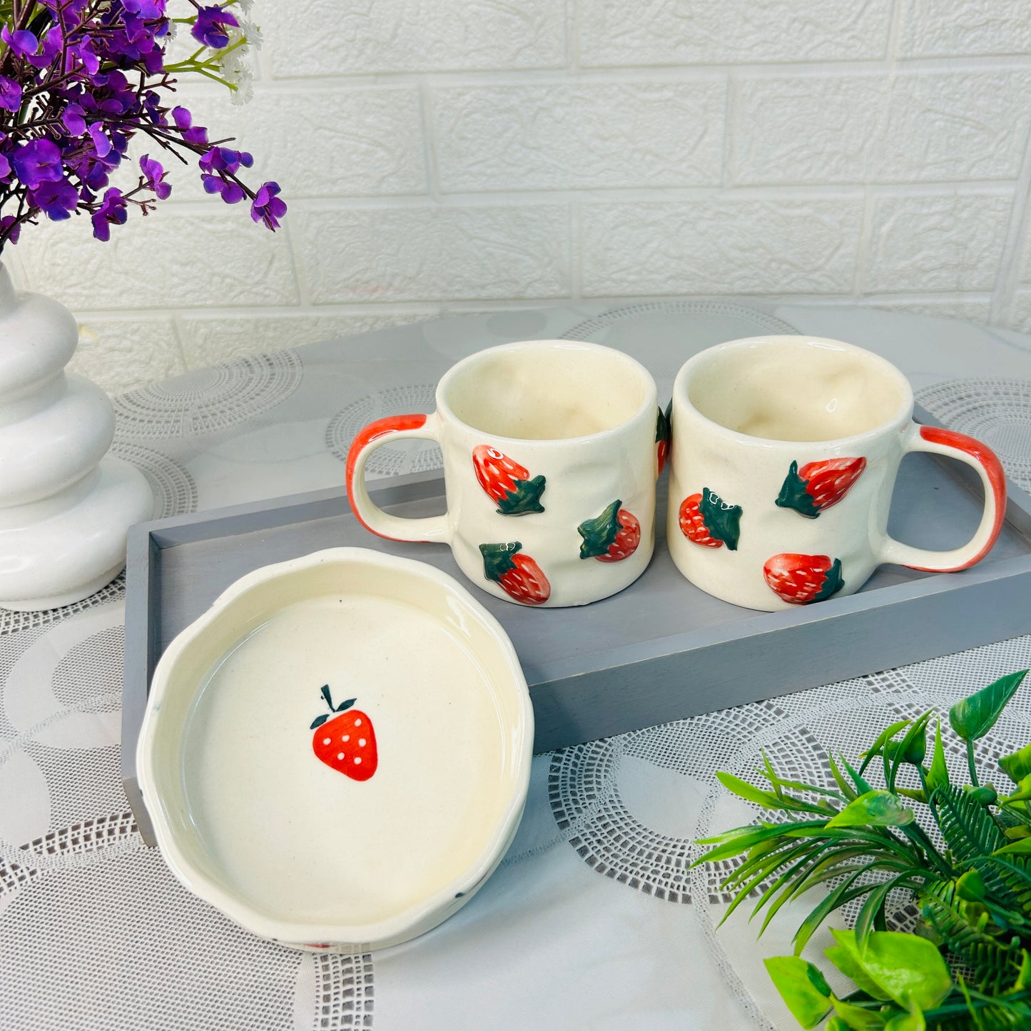 Strawberry Ceramic Mug & Plate Set – 3-Piece Gift Collection