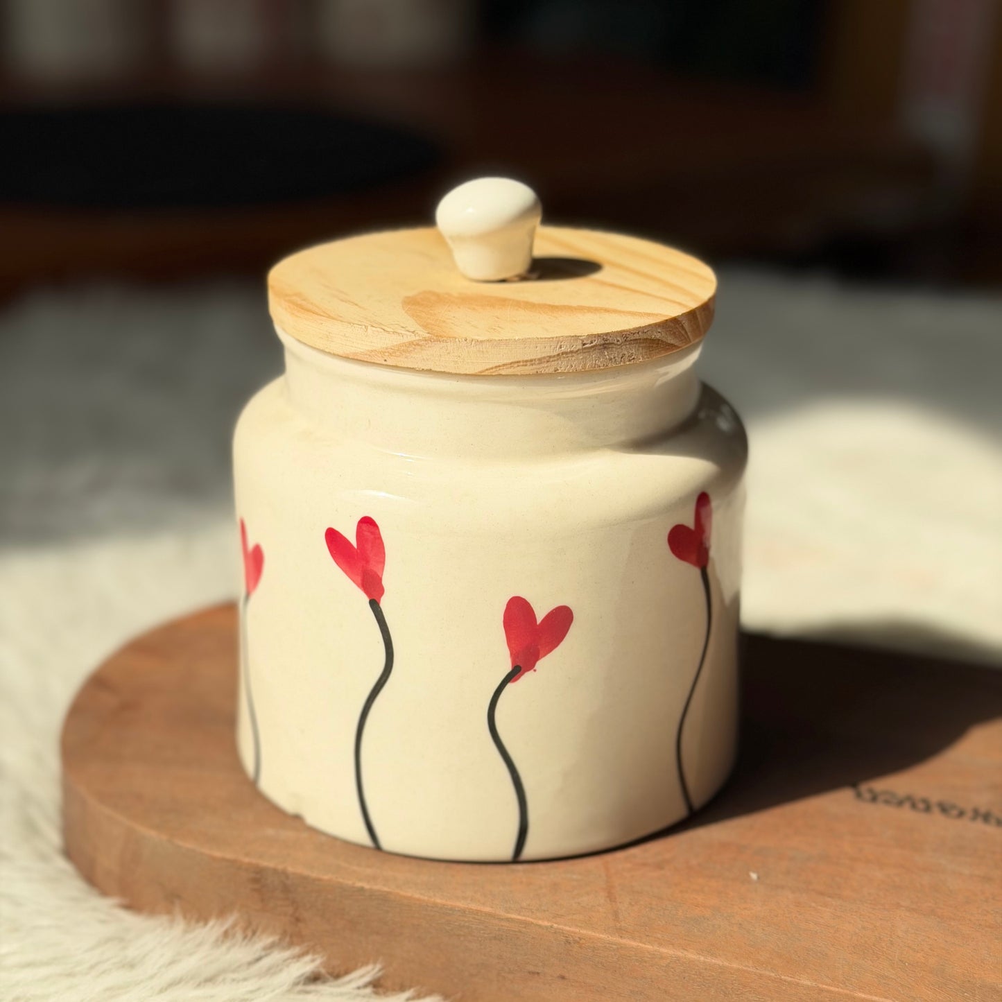 Blush Heart Ceramic Storage Jar with Wooden Lid