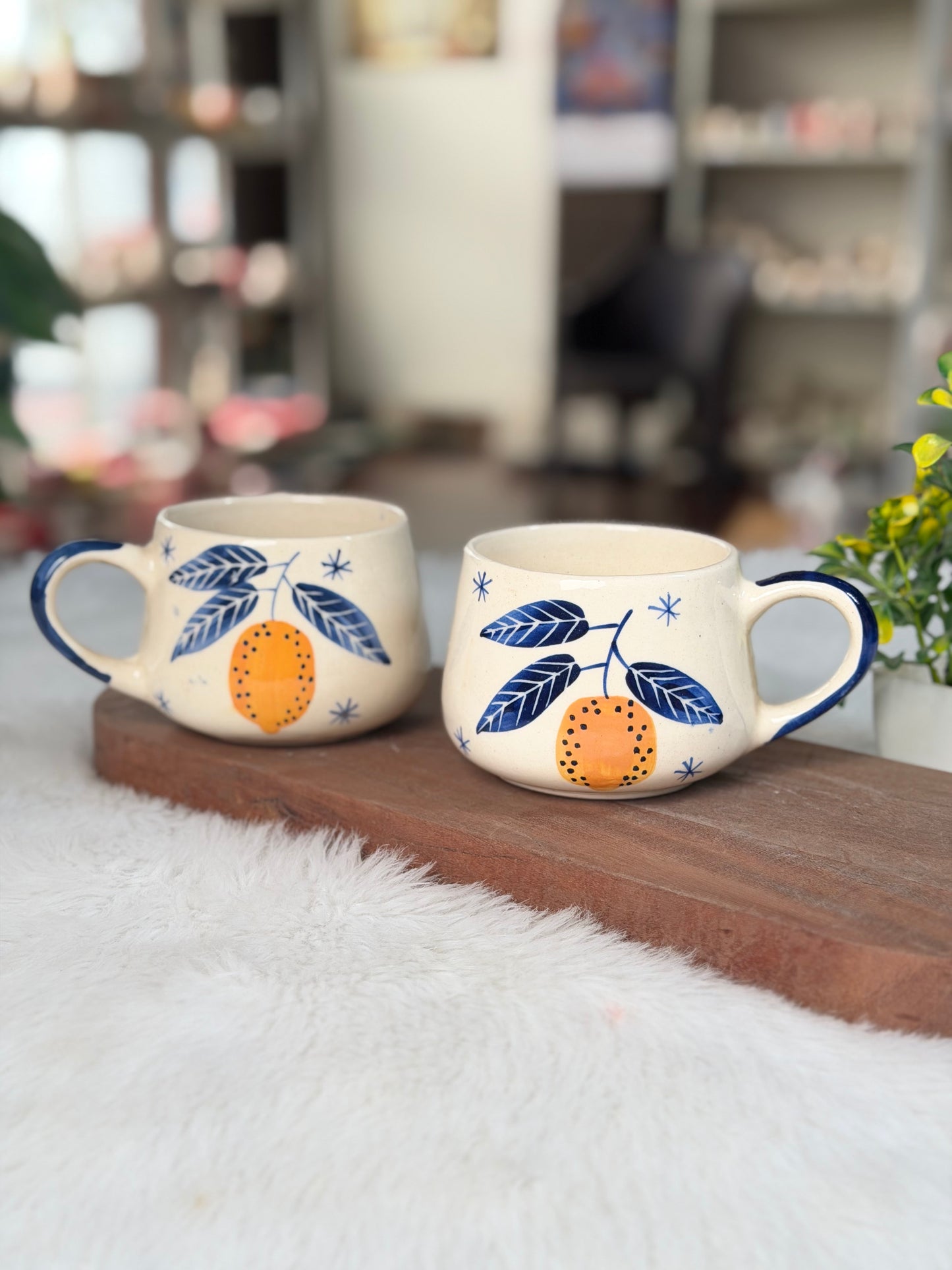 Handcrafted Citrus Bloom Ceramic Mug – Blue Botanical Edition