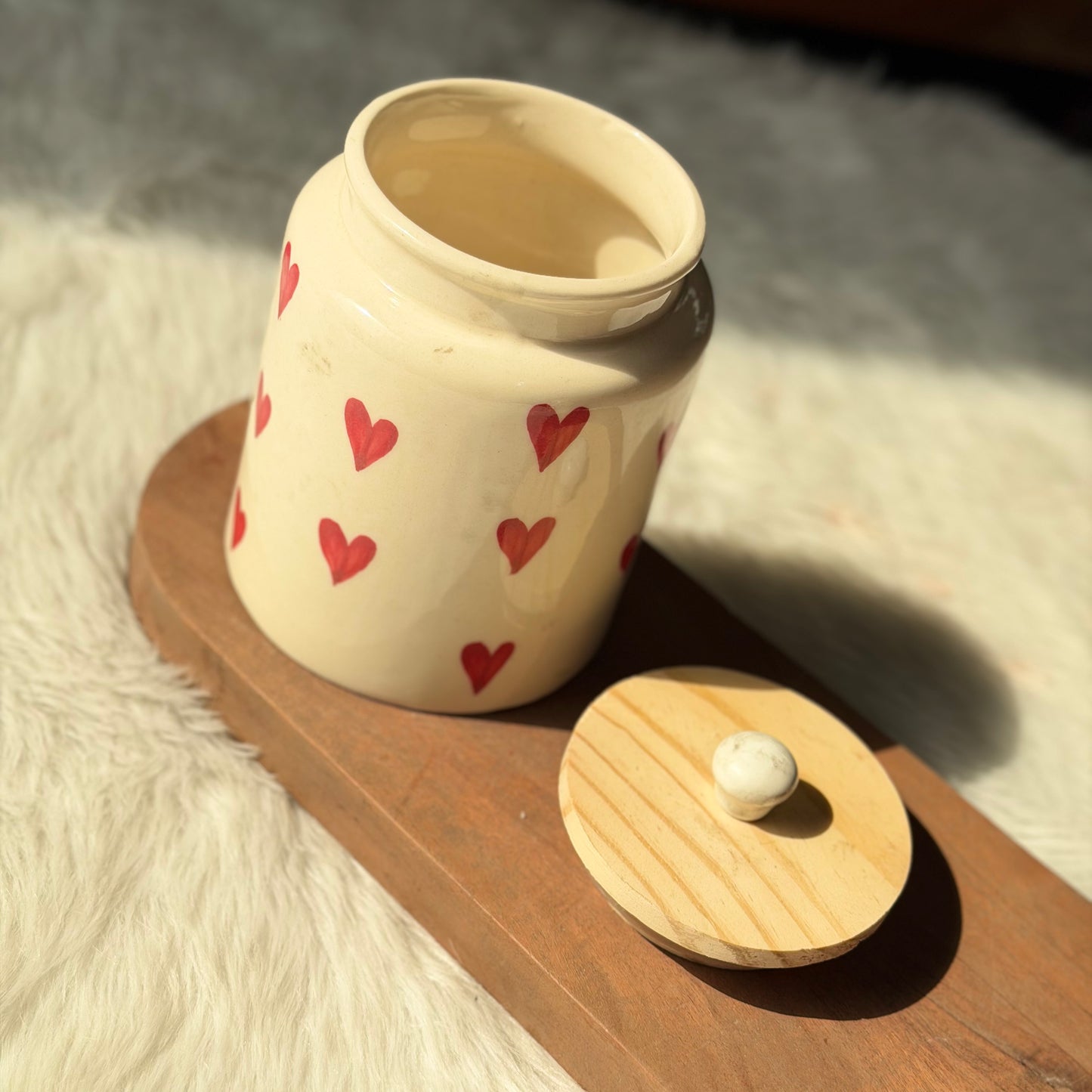 Red Hearts Storage Jar with Wooden Lid