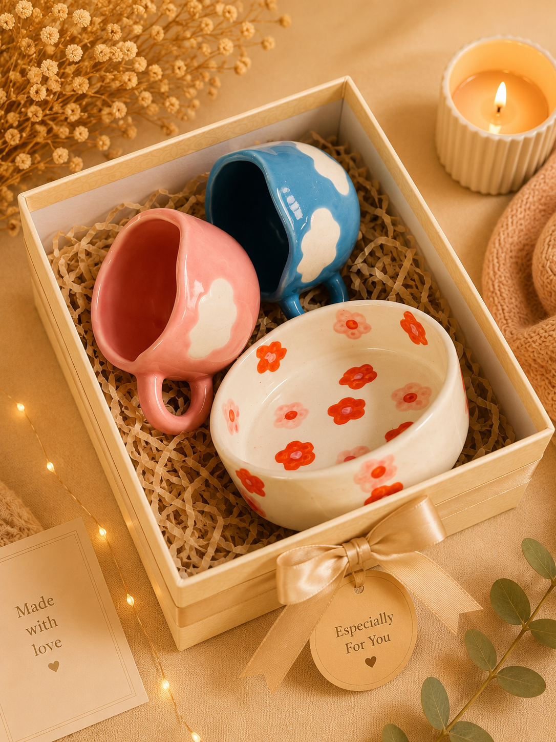 Cloud Ceramic Mug & Floral Snack Bowl Gift Set (Set of 3)
