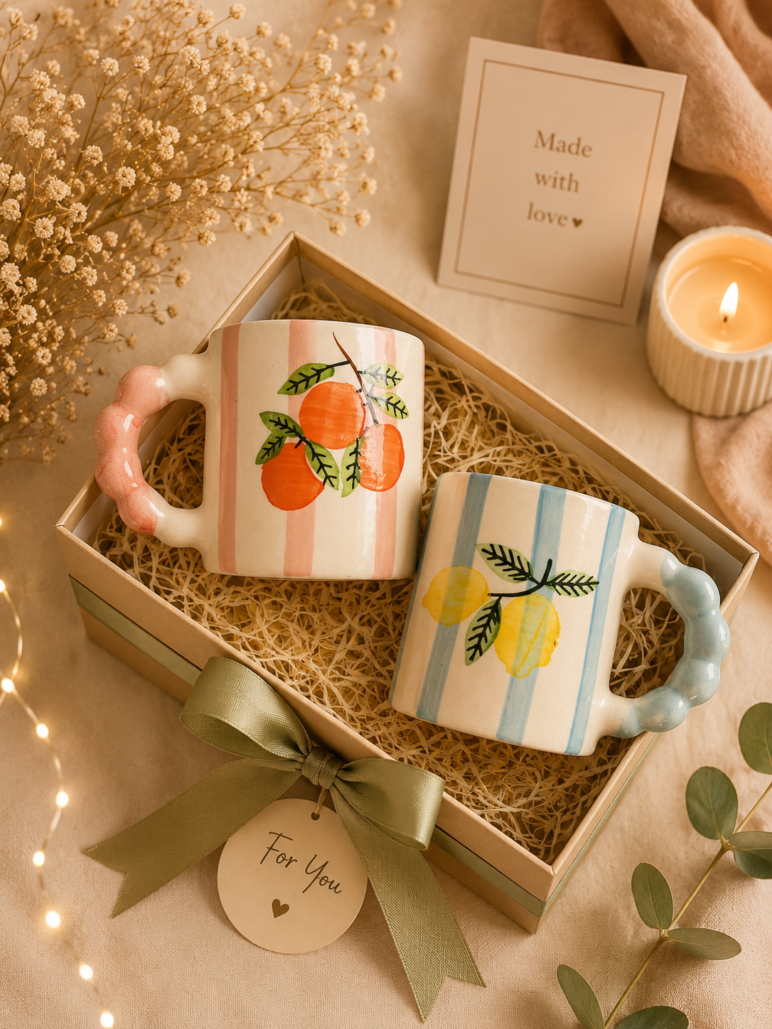 Handcrafted Citrus Bloom Ceramic Mug Gift Set (Set of 2)