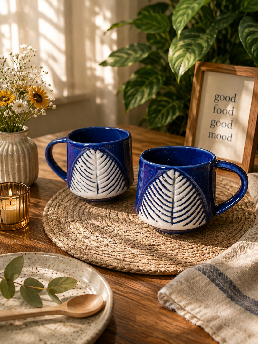 Blue Leaf Hand-Painted Ceramic Mug Set of 2