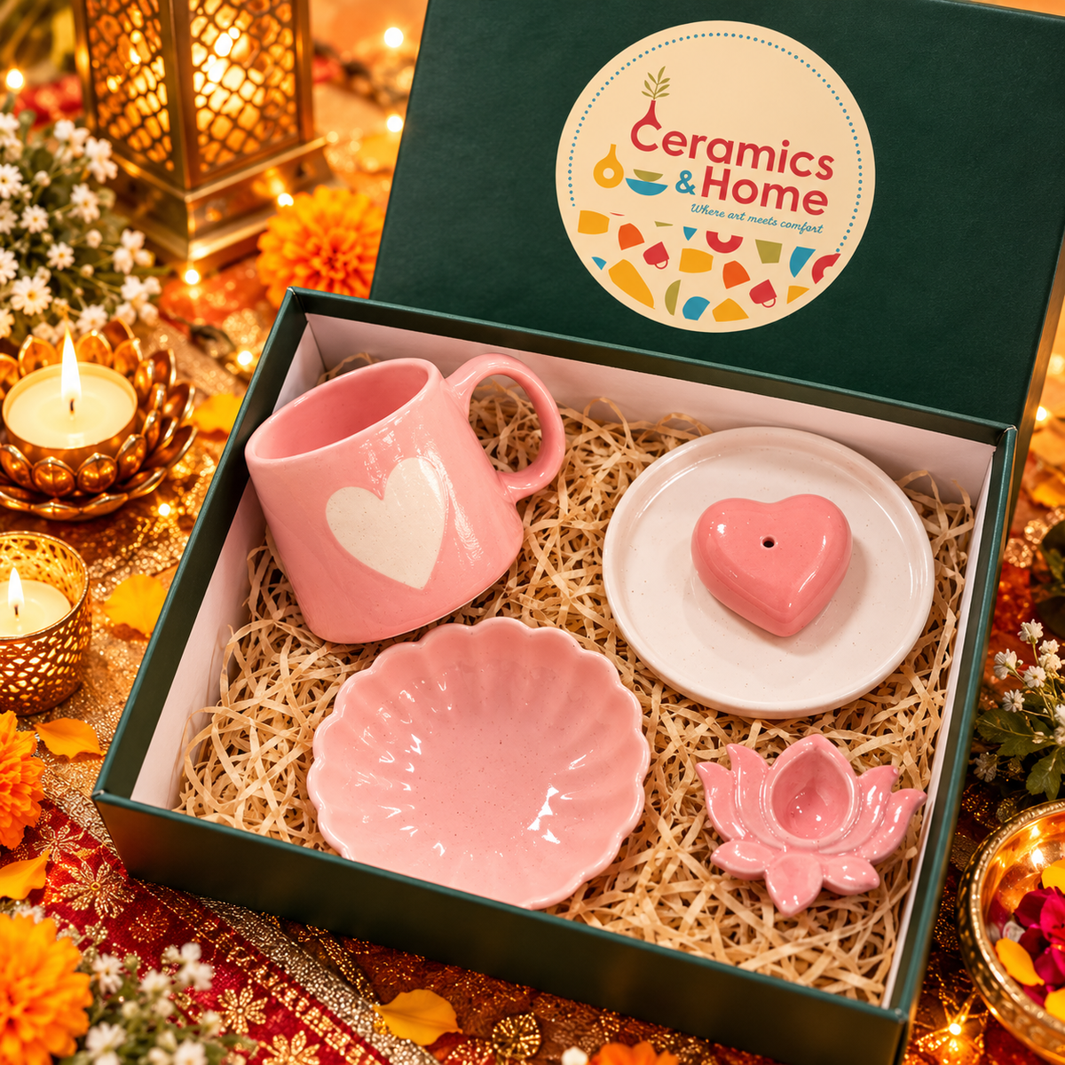 Blush Pink Heart Ceramic Diwali Gift Set – Mug, Bowls & Lotus Diya Set