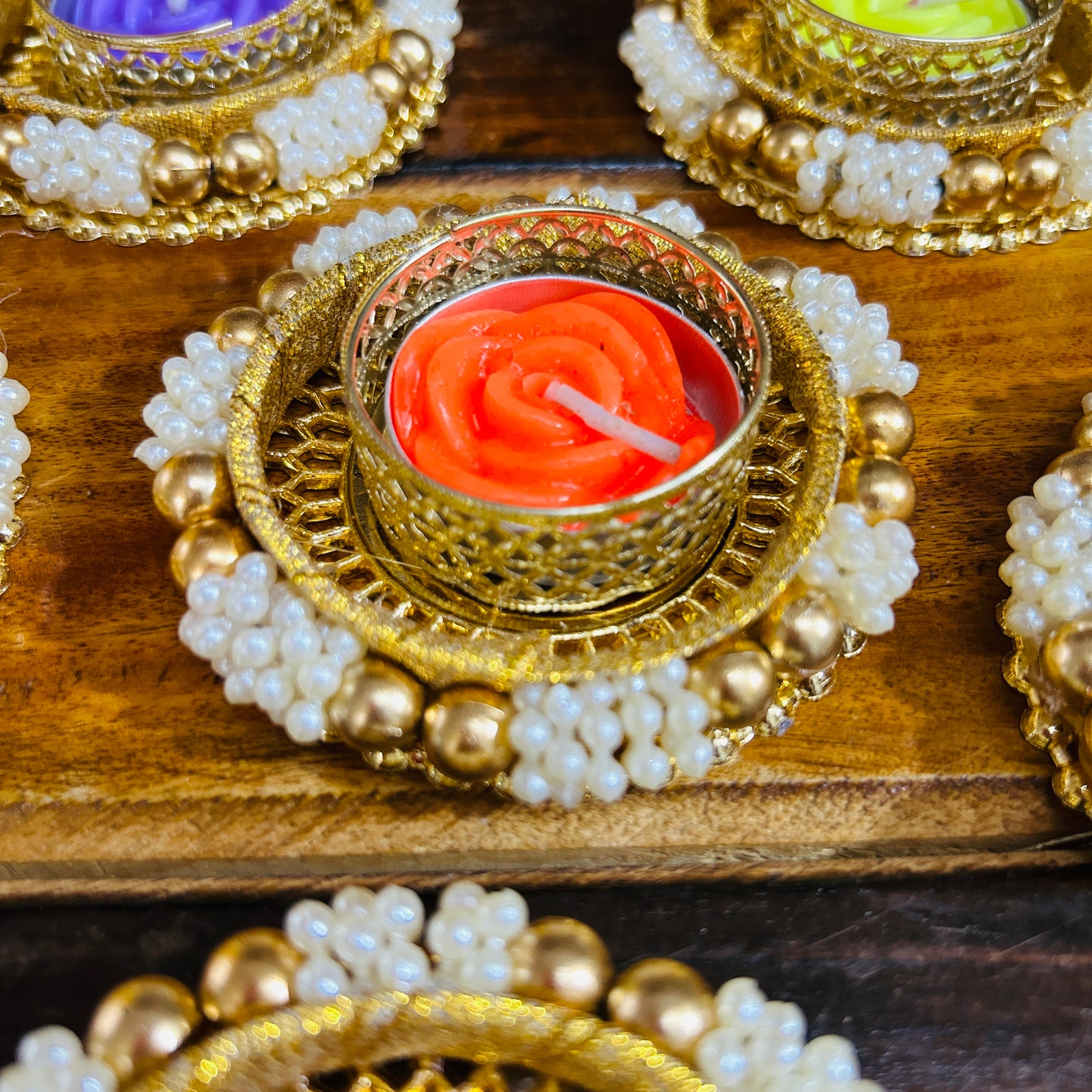 Pearl Tea Light Holder with Candle (Set of 6)