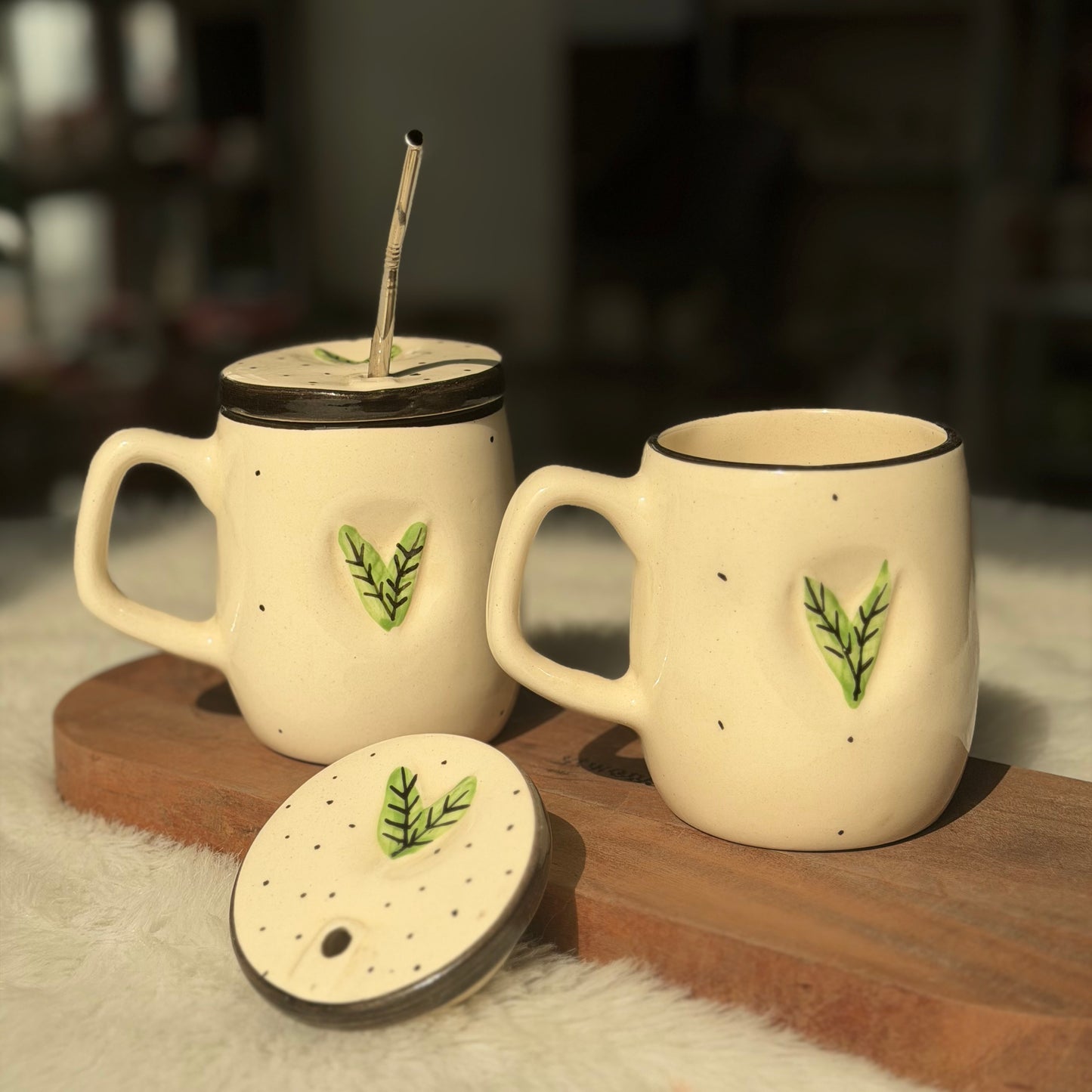 Handcrafted Botanical Brew Ceramic Mug with Lid & Steel Straw