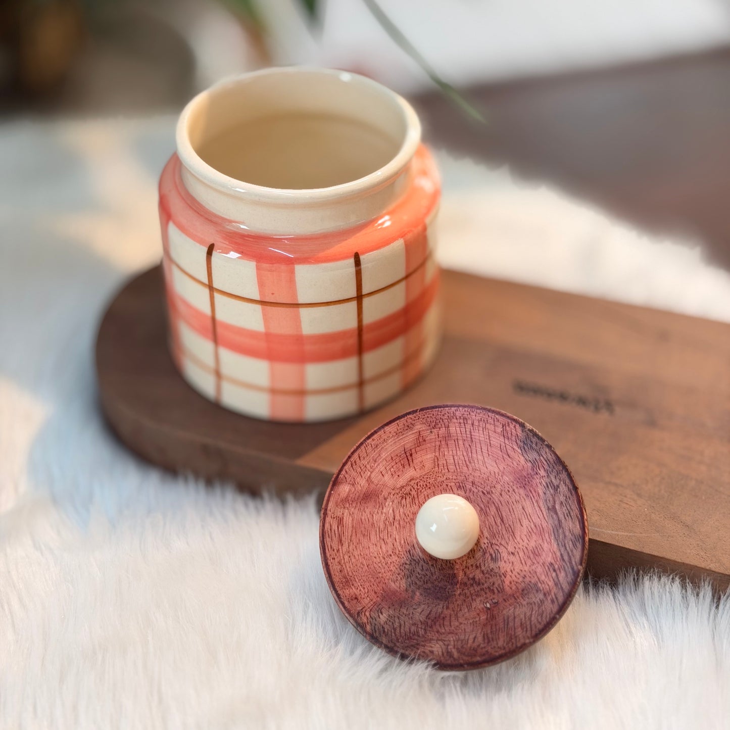 Pink Plaid Ceramic Storage Jar with Wooden Lid