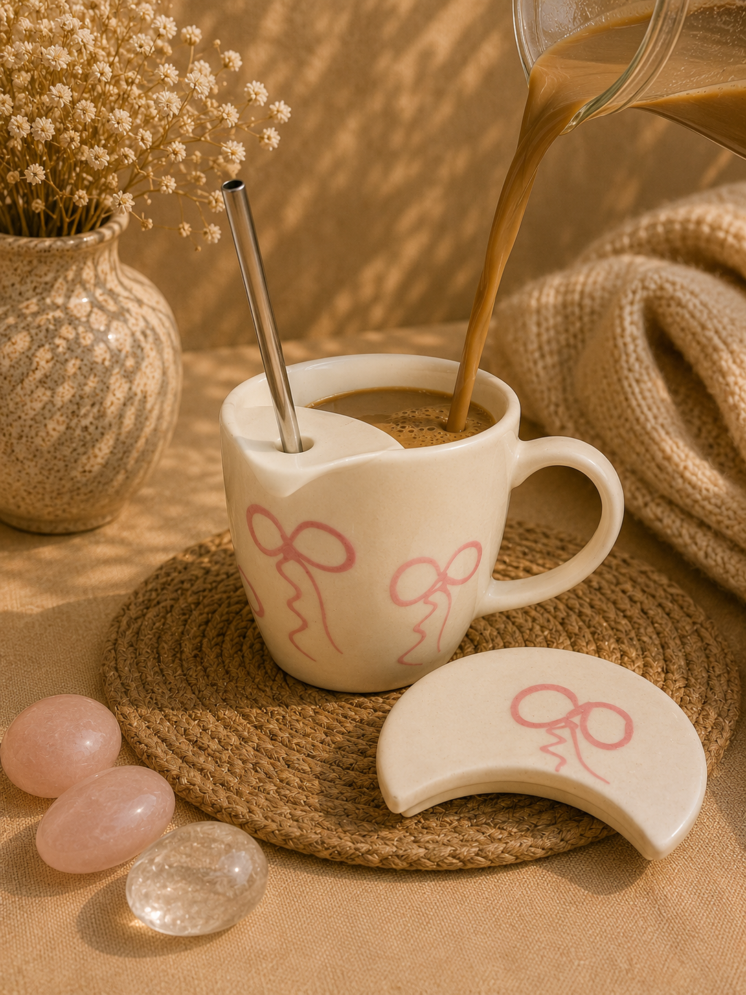 Pink Bow Ceramic Sipper Mug with Lid & Straw
