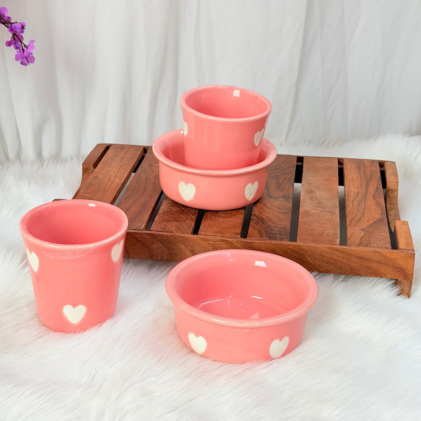 Blush Pink Heart Ceramic Cup & Bowl Set