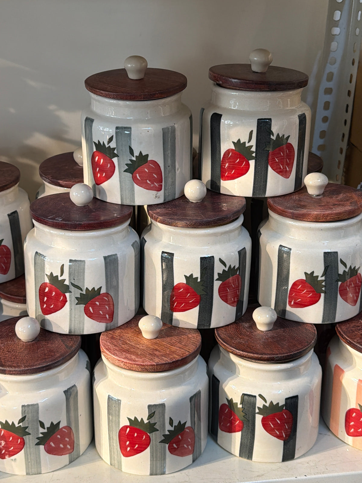 Strawberry Stripes Hand-Painted Ceramic Storage Jar with Wooden Lid
