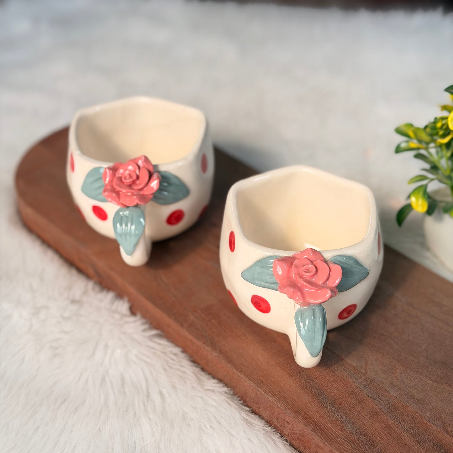 Handcrafted Rose Handle Ceramic Mug – Floral Polka Dot Coffee Mug