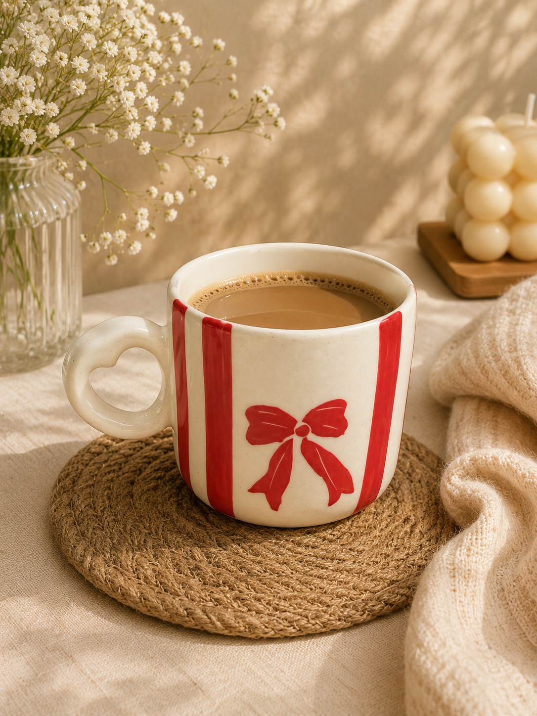 Red Bow Ceramic Mug – Handcrafted Gift Mug