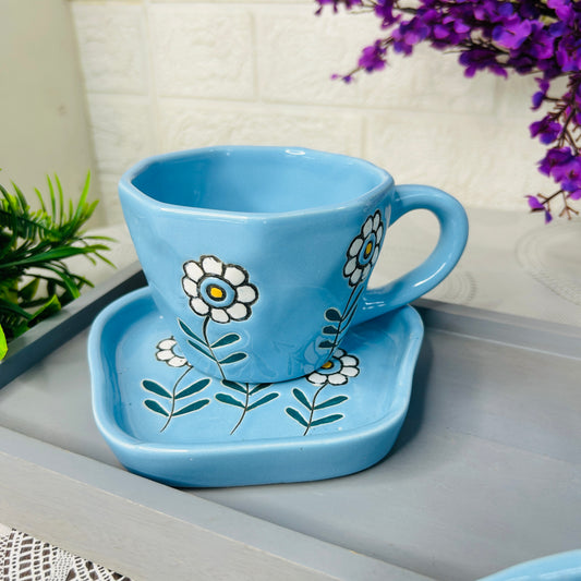 Azure Bloom Blue Floral Cup & Saucer – Elegant Ceramic Tea Set
