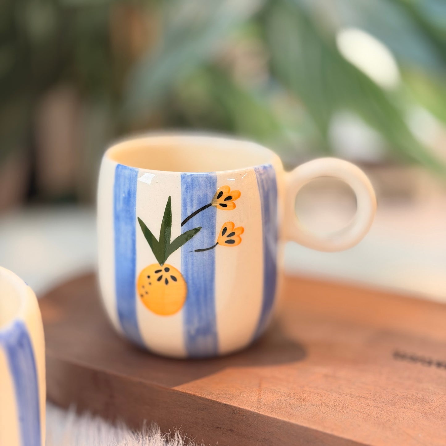 Blue Stripe Citrus Ceramic Mug – Minimalist Coffee Mug (300 ml)