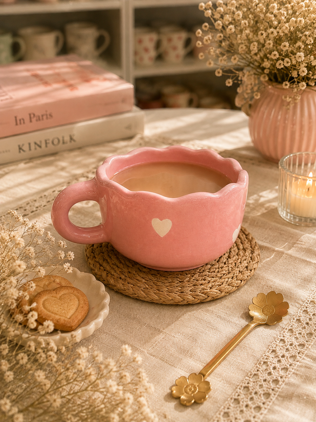 Pink Heart Ceramic Cup – Handcrafted Scalloped Mug