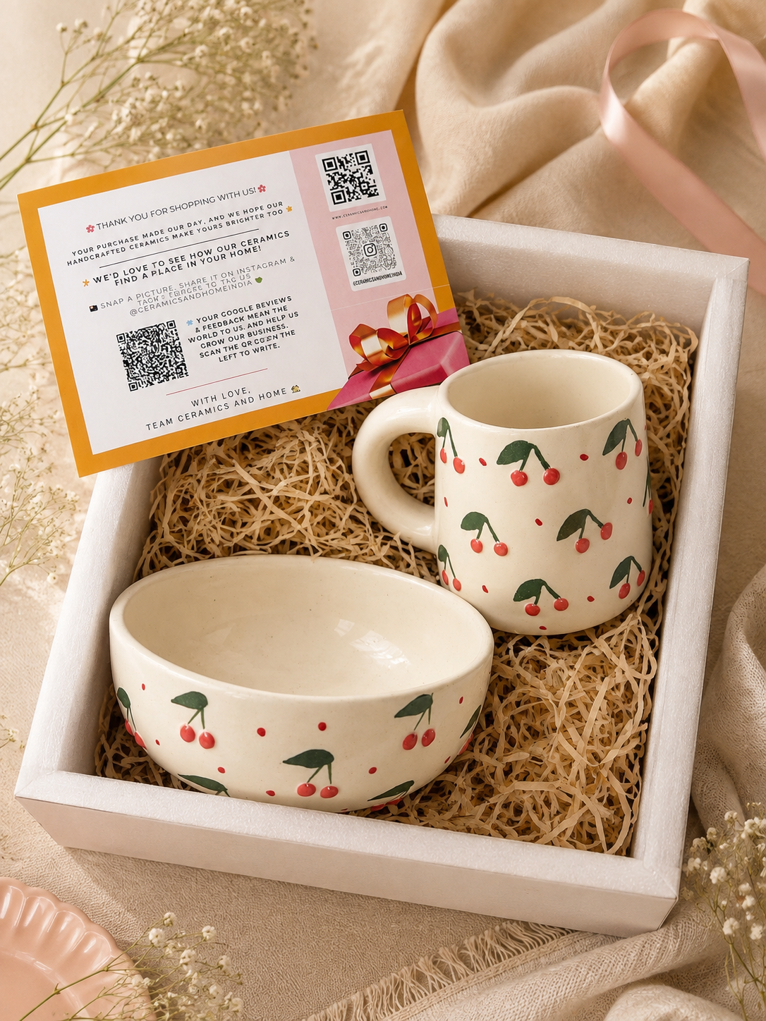 Cherry Love Ceramic Gift Set – Mug & Snack Bowl