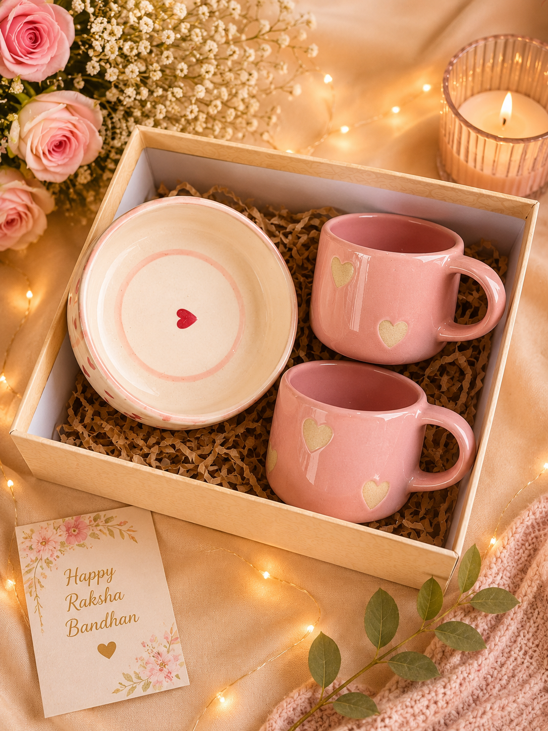 Blush Hearts Handmade Ceramic Gift Hamper Set – 2 Coffee Mugs & Heart Bowl | Raksha Bandhan Gift Box