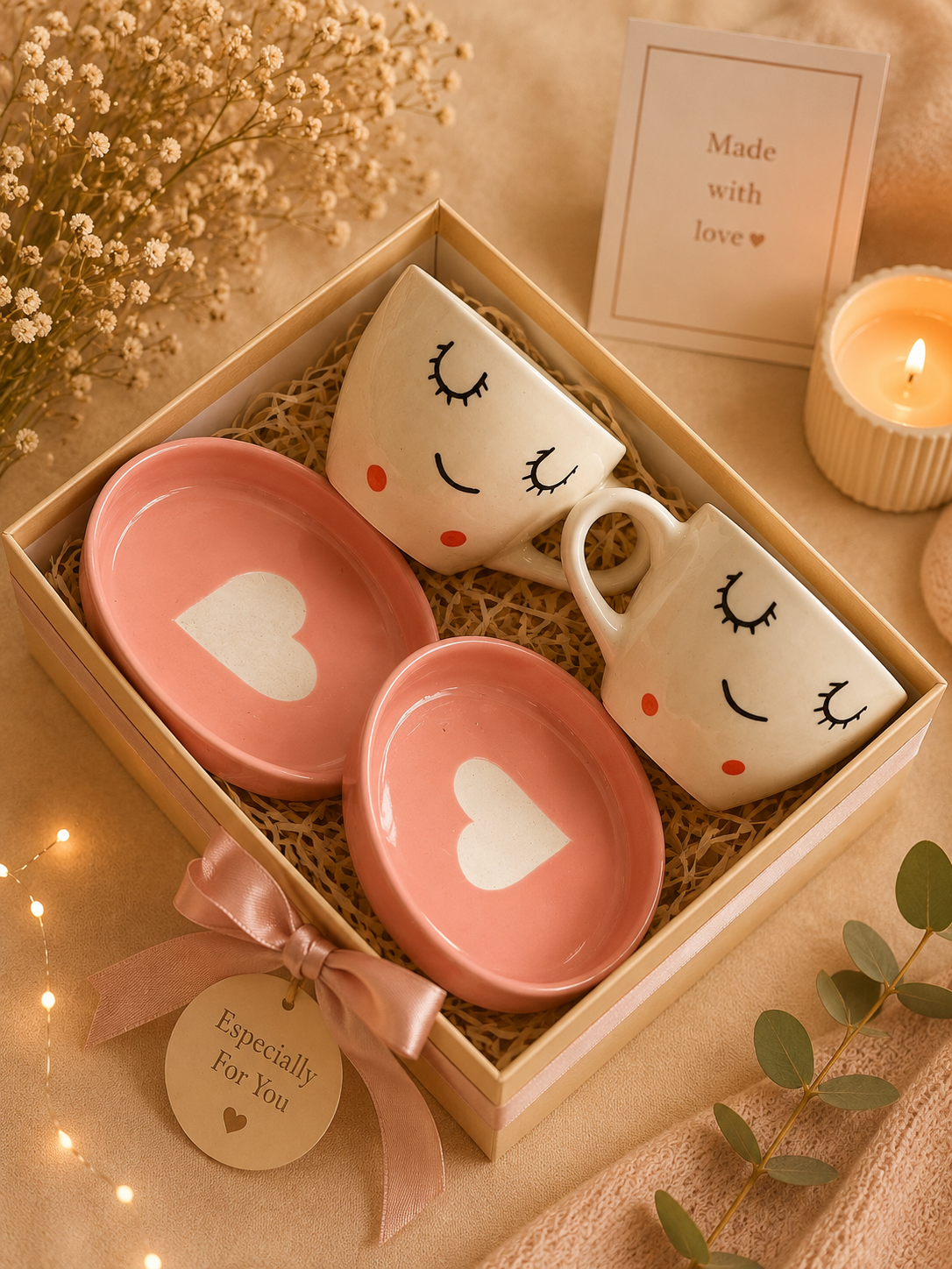 Sleepy Couple Ceramic Gift Hamper Set – 2 Handmade Mugs & Heart Snack Plates