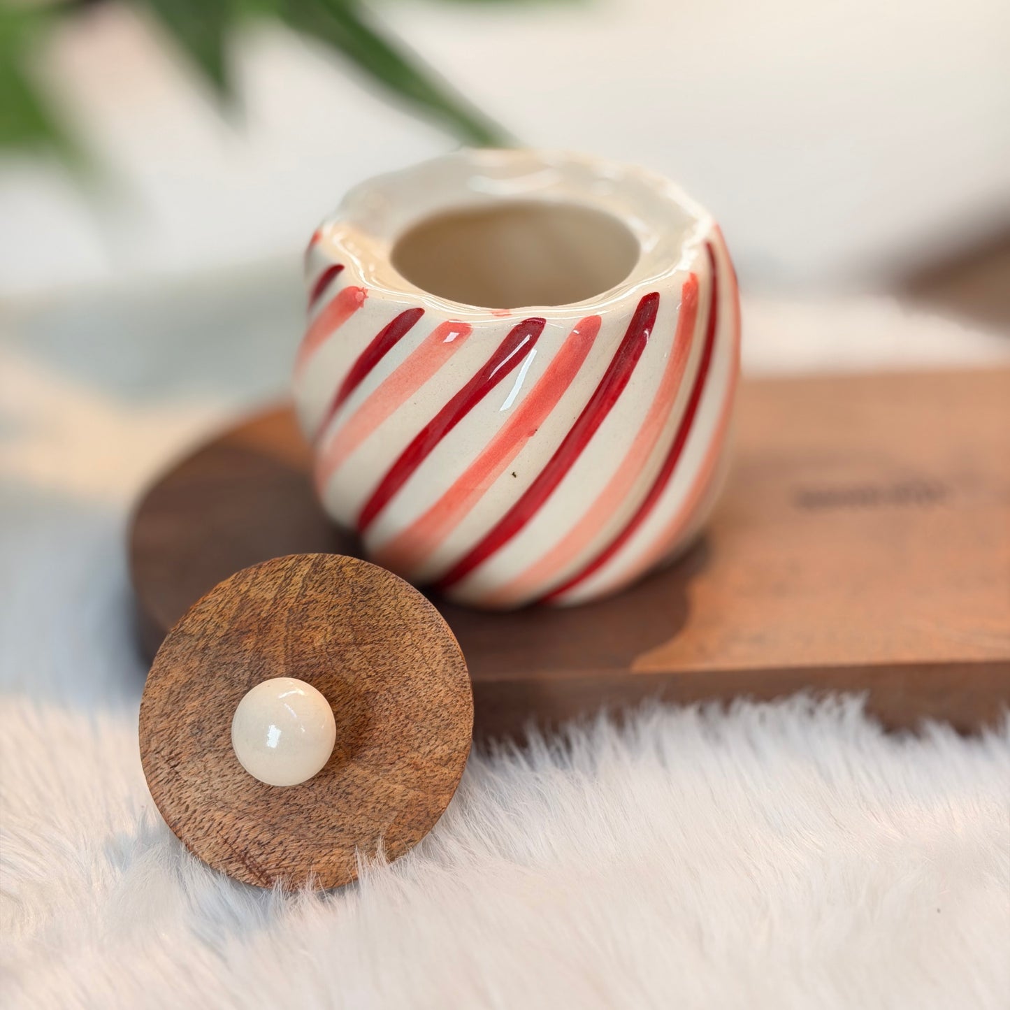 Candy Stripe Ceramic Snack Jar with Wooden Lid