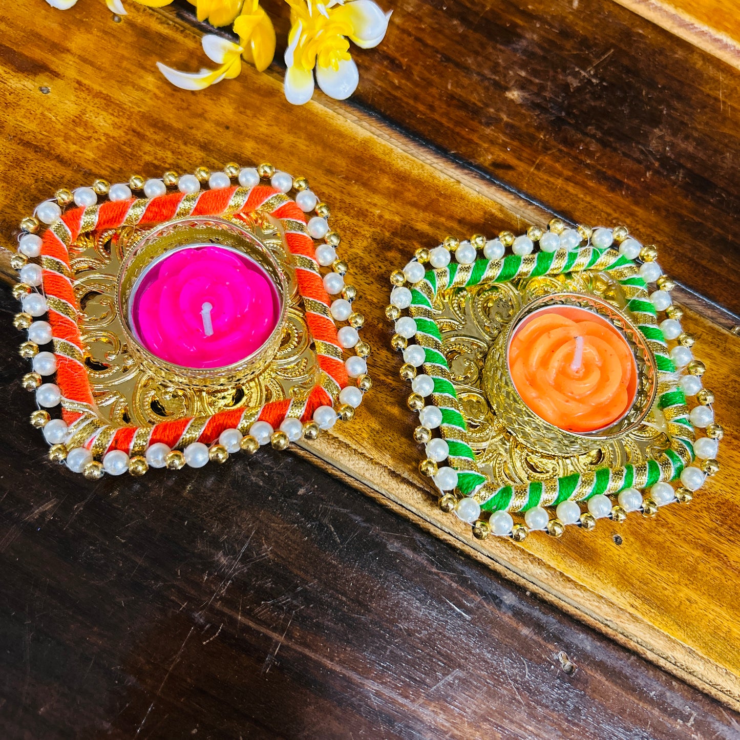 Colorful Square T light Holder with candle (Set of 2)