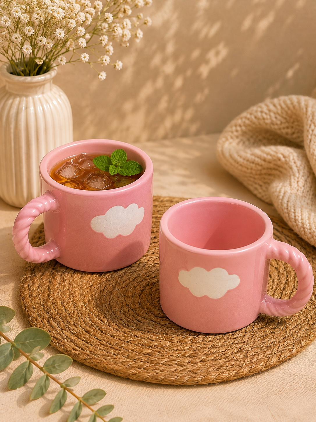 Dreamy Cloud Pink Ceramic Mug – Twisted Handle Coffee Cup