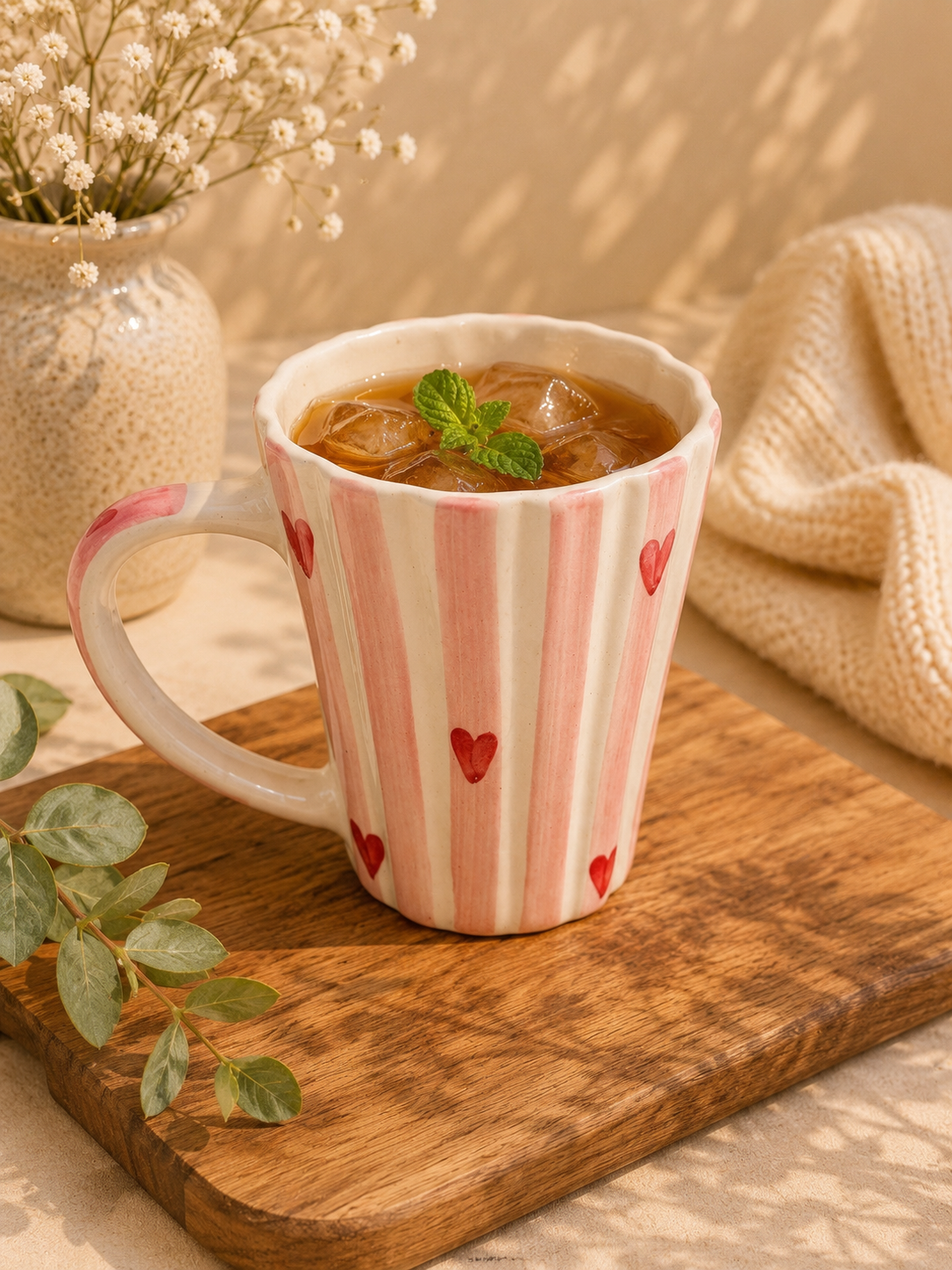 Blush Heart Striped Ceramic Mug – Hand-Painted Coffee & Tea Mug
