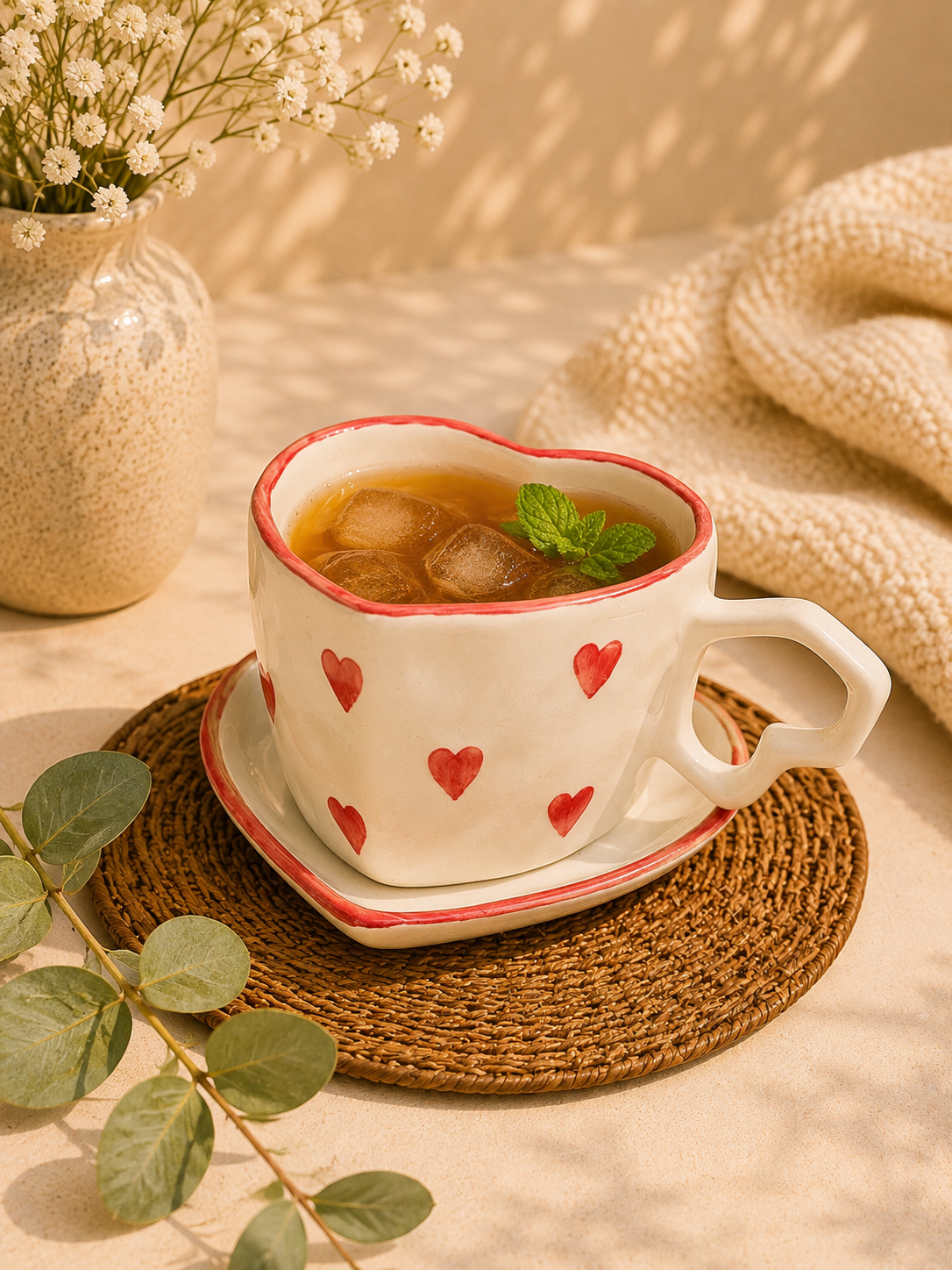 Hand-Painted Heart Ceramic Cup & Saucer Set – Red Hearts