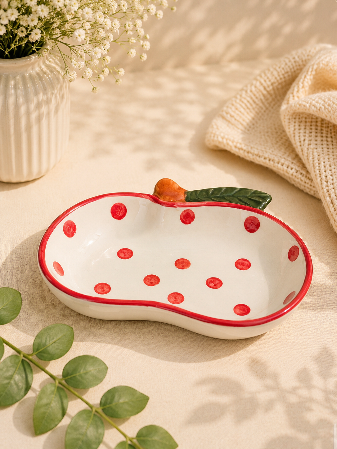 Hand-Painted Apple Polka Dot Ceramic Serving Bowl – Red & White