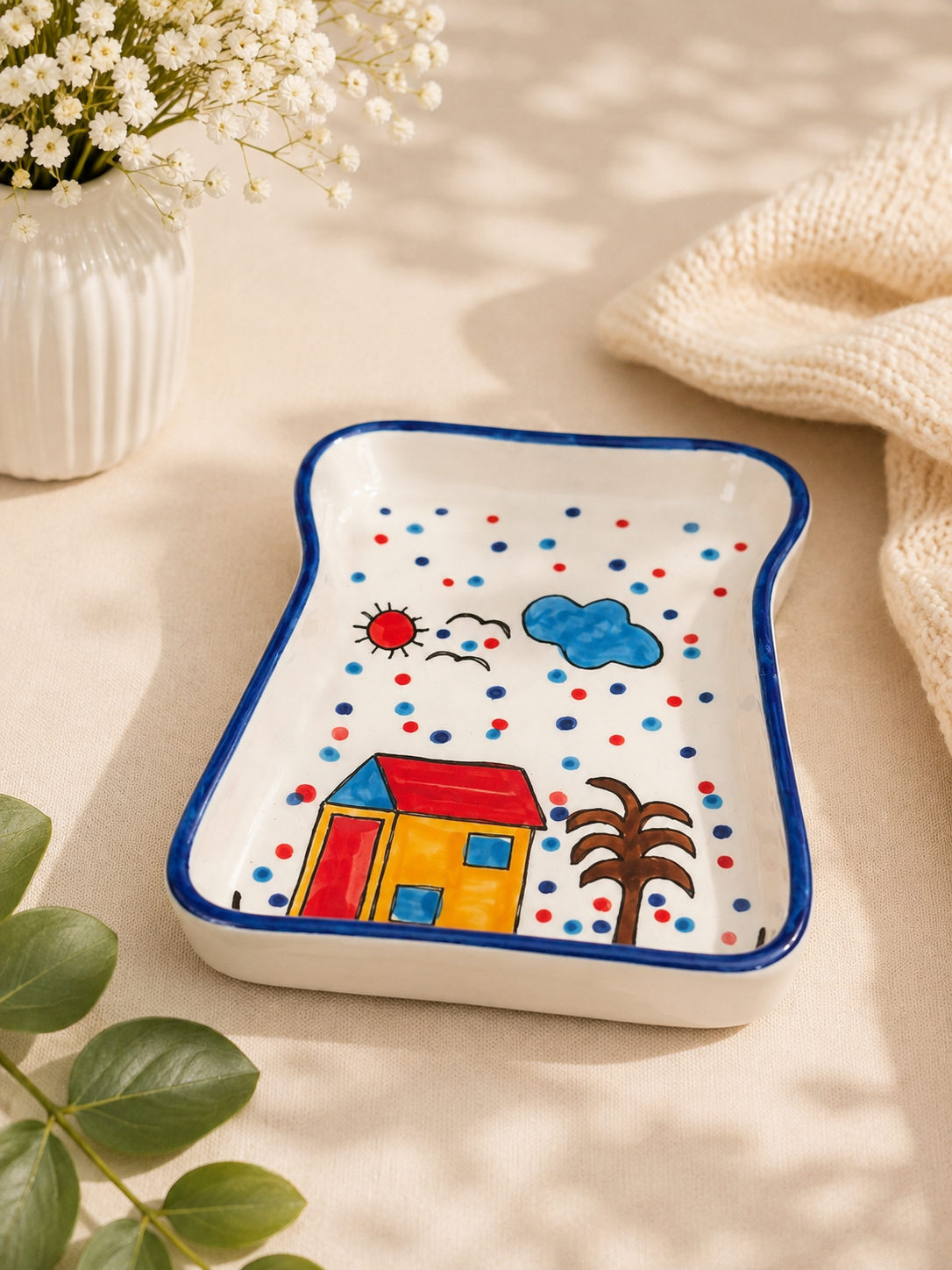 Hand-Painted Happy Home Ceramic Serving Tray – Blue Rim