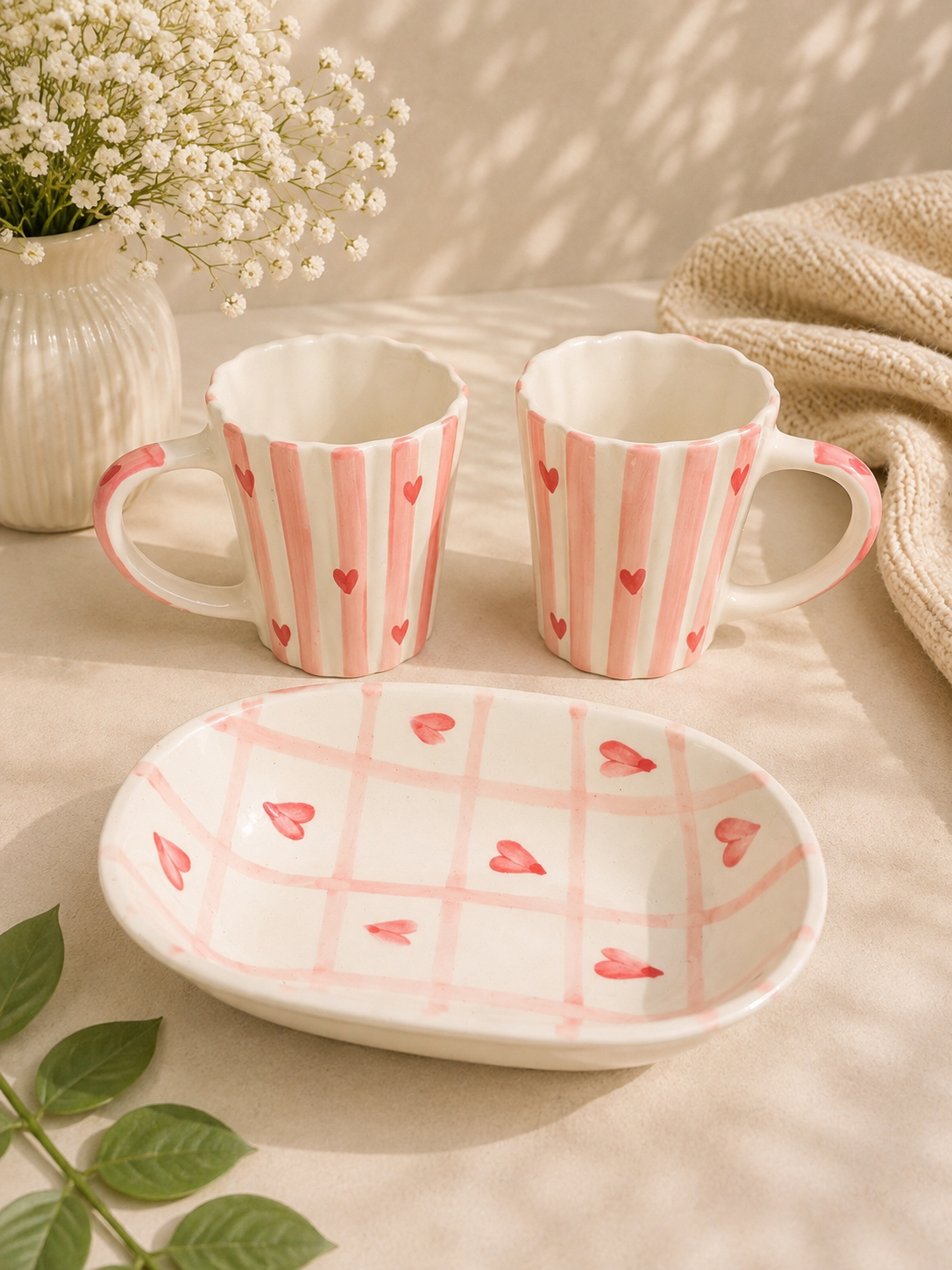 Pink Heart Stripes Ceramic Breakfast Set – 3 Piece Set