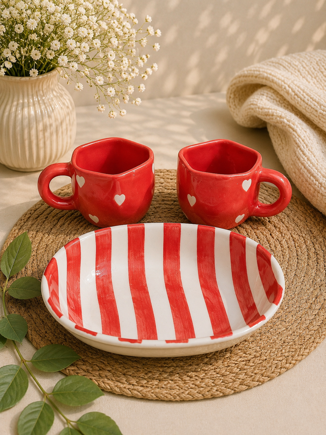 Red Heart Ceramic Breakfast Set – 2 Mugs with Striped Serving Bowl