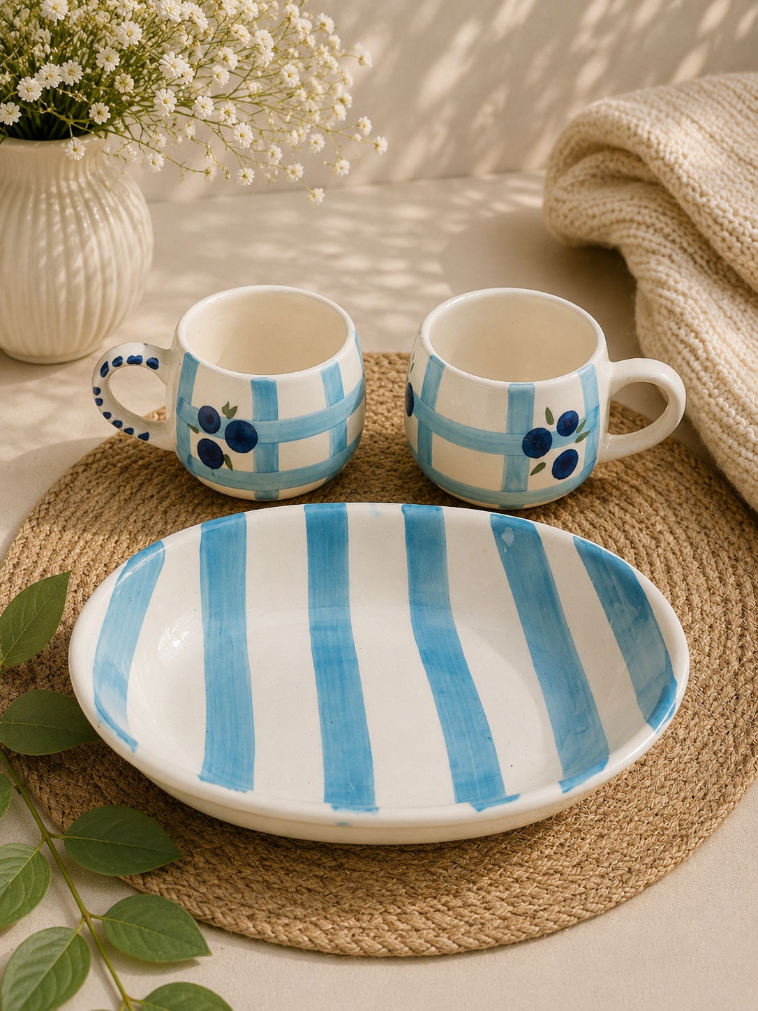 Blueberry Bliss Ceramic Breakfast Set – 2 Mugs & Striped Serving Bowl | Set of 3