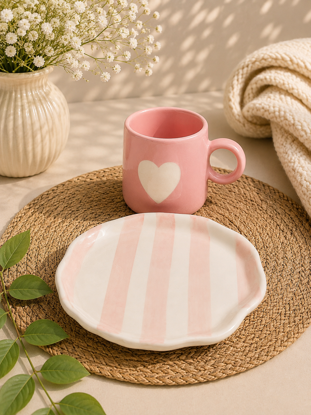 Blush Heart Ceramic Mug & Pink Striped Snack Plate Set | Set of 2