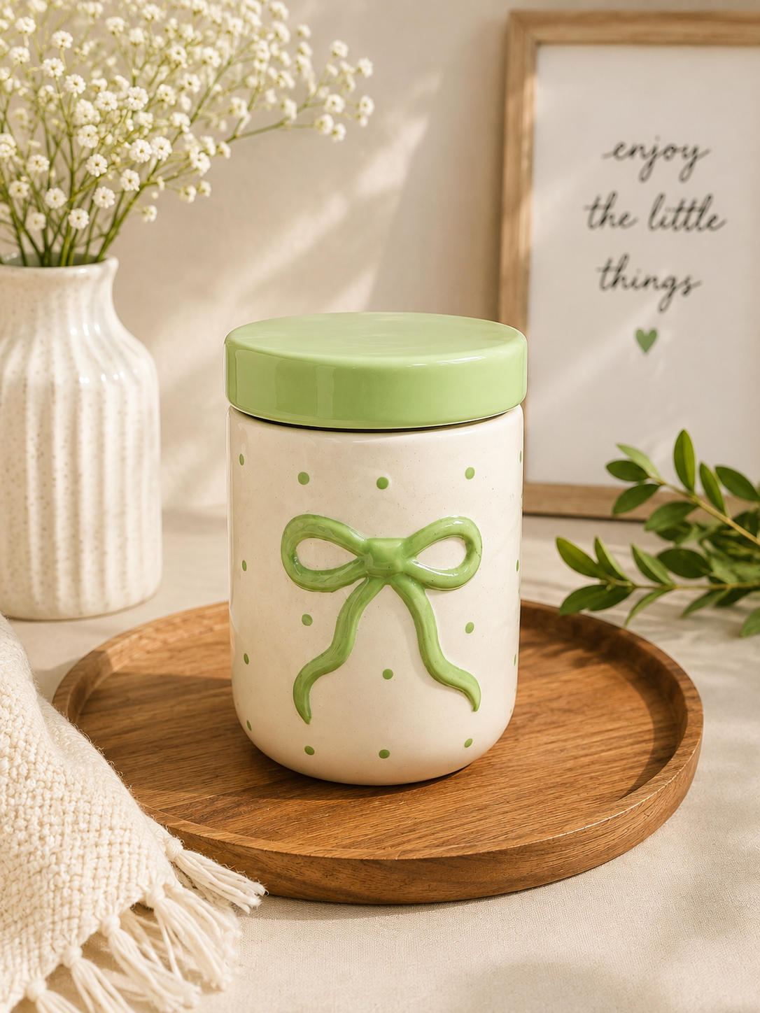 Green Bow Ceramic Storage Jar with Lid – Hand-Painted Polka Dot Canister
