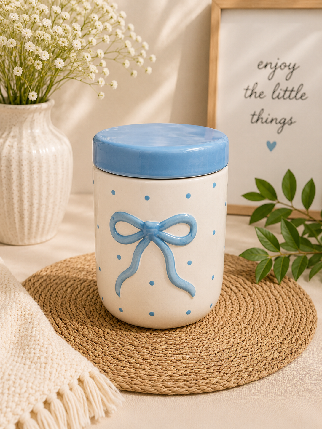 Blue Bow Ceramic Storage Jar with Lid – Polka Dot Kitchen Canister