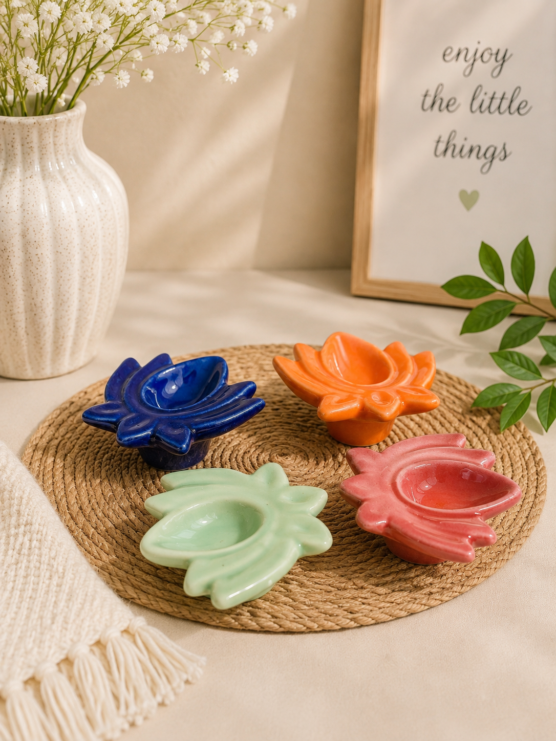 Multicolor Lotus Ceramic Diya Set – Set of 4