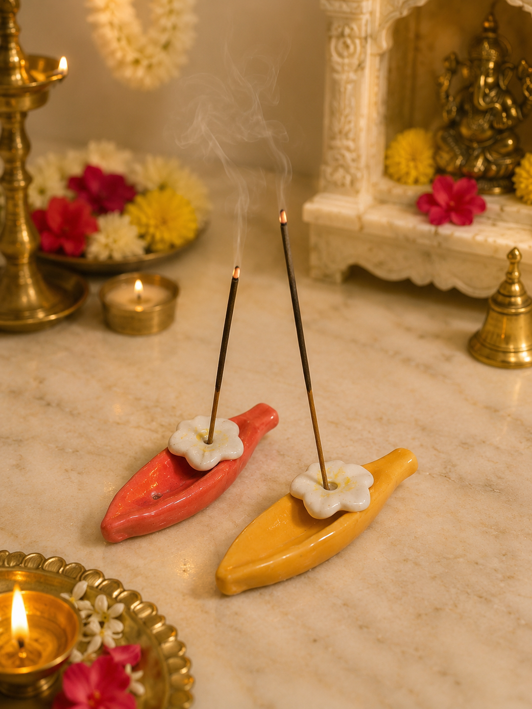 Floral Leaf Ceramic Incense Stick Holder – Pink & Yellow