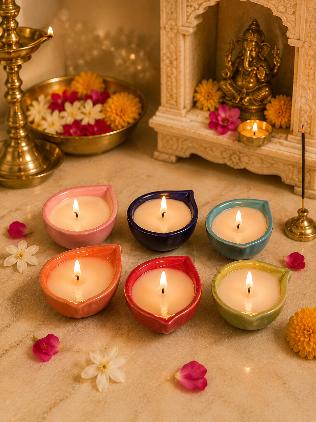 : Multicolour Ceramic Candle Diyas – Festive Teardrop Design